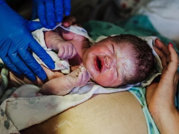 Aufnahme eines gerade geborenen Baby, wahrscheinlich auf dem Körper seiner Mama.