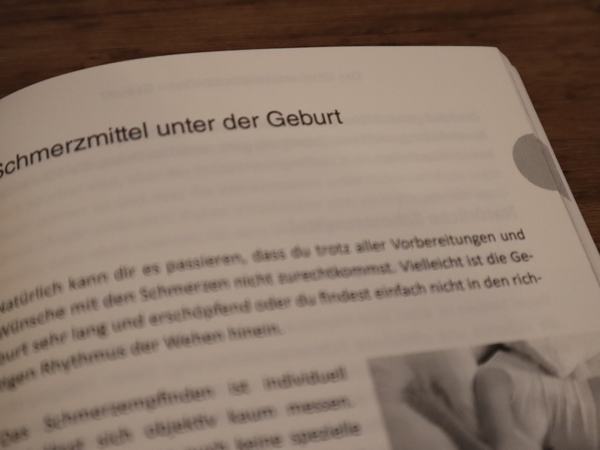 Teilaufnahme einer Buchseite zum Kapitelbeginn über Schmerzmittel während der Geburt.