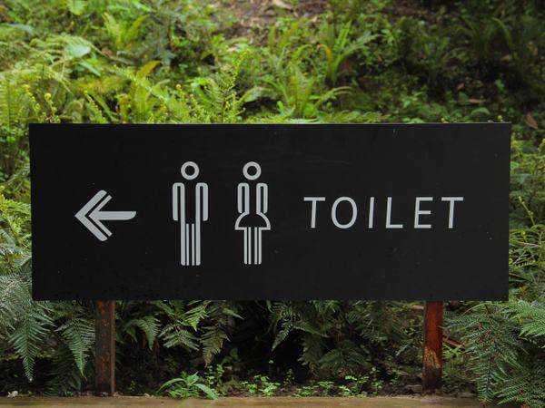 Ein Hinweisschild für Toiletten in der Natur.